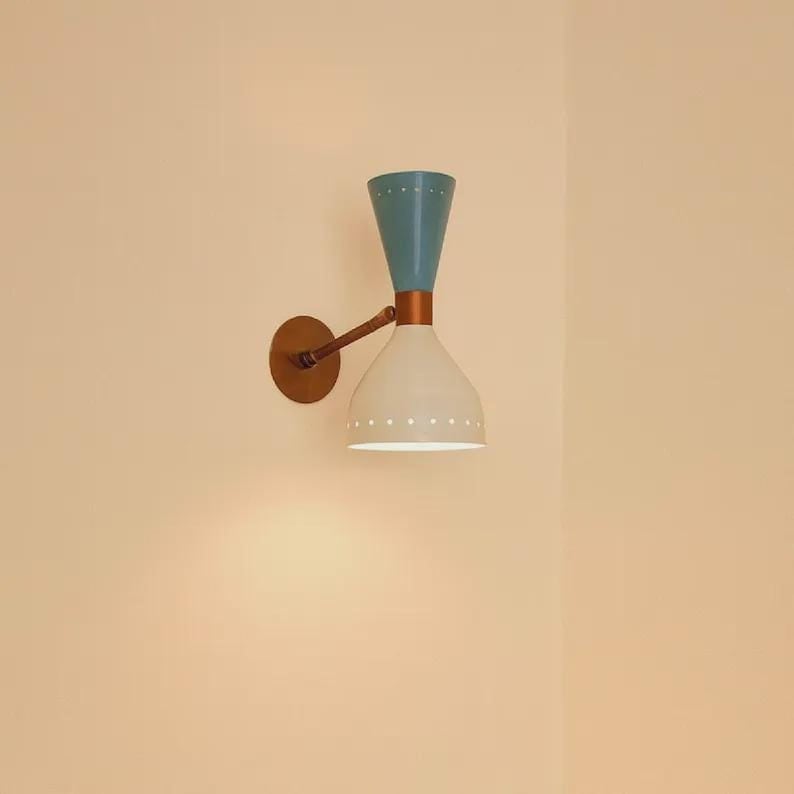 Mid Century Modern Sconce Set, Brass Cone Wall Lights, Blue White Metal Shade