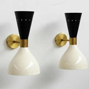 Mid Century Modern Sconce Set, Brass Cone Wall Lights, Blue White Metal Shade
