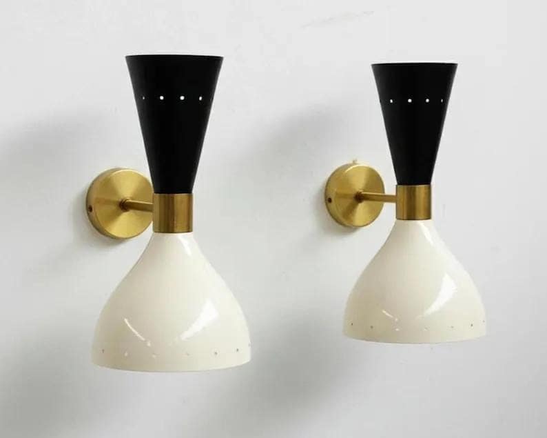 Mid Century Modern Sconce Set, Brass Cone Wall Lights, Blue White Metal Shade