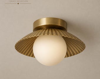 Mid Century Brass Semi Flush Mount Ceiling Light, Gold Dome Globe Fixture