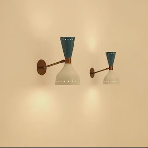 Mid Century Modern Sconce Set, Brass Cone Wall Lights, Blue White Metal Shade