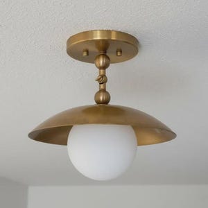 Mid Century Brass Semi Flush Mount Ceiling Light, Gold Dome Globe Fixture
