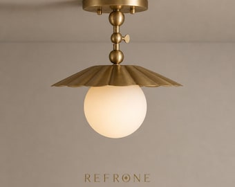 Mid Century Brass Semi Flush Mount Ceiling Light, Gold Dome Globe Fixture