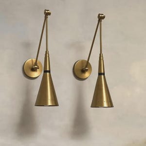Mid Century Modern Brass Swing Arm Sconce, Adjustable Cone Shade Wall Light