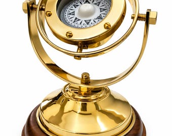 Antiker polnischer Gimbal-Schiffskompass aus Messing mit Holzständer (12,7 cm hoch)