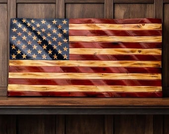 Golvende houten muurdecoratie Amerikaanse vlag | Rustieke eikenhouten Amerikaanse vlag 36"