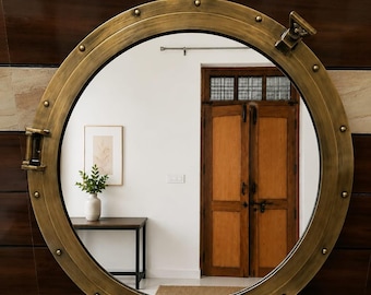 Antique Brass Nautical Porthole Mirror, Vintage Marine Home Decor