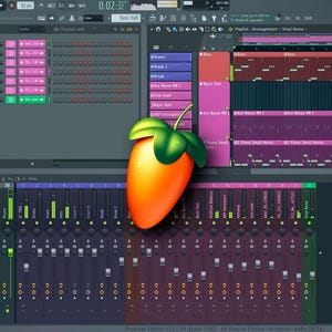 May include: A computer screen showing the FL Studio digital audio workstation (DAW) interface. The interface has a colourful layout with various controls, a mixer, and a prominent orange and green logo.