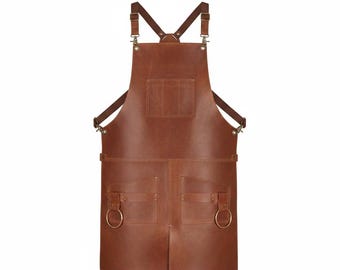 Handmade Brown Leather Apron for Men & Women - Blacksmith, Chef, BBQ, Barber, Woodworking Apron - Heavy Duty Leather Workwear with Pockets
