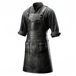 May include: Black leather apron with multiple pockets and adjustable straps. The apron has a bib-style top and a knee-length design. The apron is worn over a black long-sleeved shirt with rolled-up sleeves. The apron has brass-colored hardware.