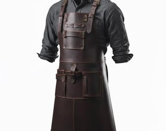 Handcrafted Full Grain Leather Blacksmith Apron - Adjustable X-Back Tool Apron for Woodworking, Grilling Apron - Heavy Duty Leather Apron