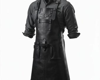 Handmade Full Grain Black Leather Blacksmith Apron - Heavy Duty Adjustable Chef, Grilling, Artist, Workwear Apron