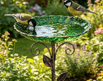 Baignoire pour oiseaux en métal vert avec support à feuilles en métal | Mangeoire à oiseaux de jardin en plein air, bol d'eau décoratif de terrasse pour oiseaux sauvages