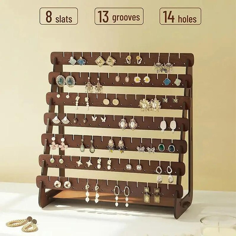 Wooden Earring Display Stand: 8 Slats, 13 Grooves, 14 Holes Organizer ...
