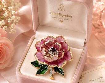 Luxury Peony Flower Brooch, Pink Enamel Floral Pin, Gold Crystal Brooch, Elegant Wedding Lapel Pin, Mother's Day Gift for Women