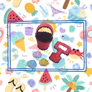 May include: A red felt bucket with white polka dots, a matching red felt shovel, and three small felt seashells in blue, purple, and yellow, all arranged against a white background featuring a colorful summer-themed pattern of fruit and beach items.
