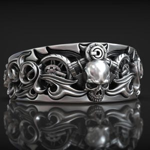 Skull Biker Ring Sterling Silver Motorcycle Engine Gothic Men's Handmade Band 925
