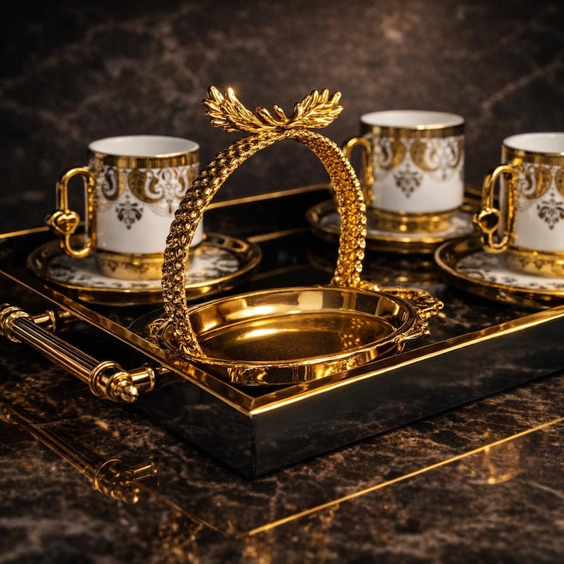 Gold Porcelain Turkish Coffee Set for 6, Ottoman Style Cups With Tray ...