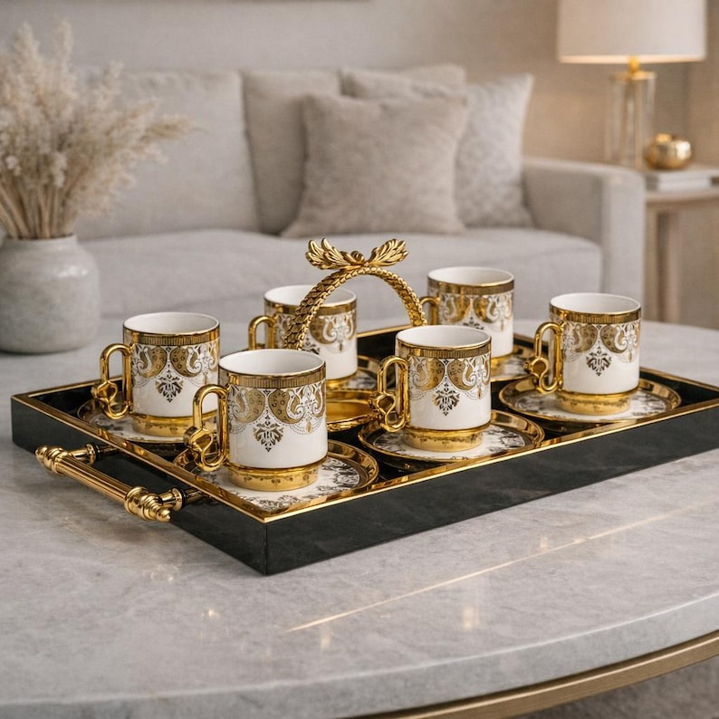 Gold Porcelain Turkish Coffee Set for 6, Ottoman Style Cups With Tray ...