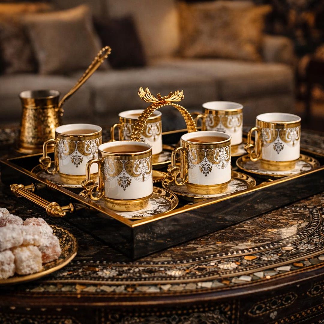 Gold Porcelain Turkish Coffee Set for 6, Ottoman Style Cups With Tray ...