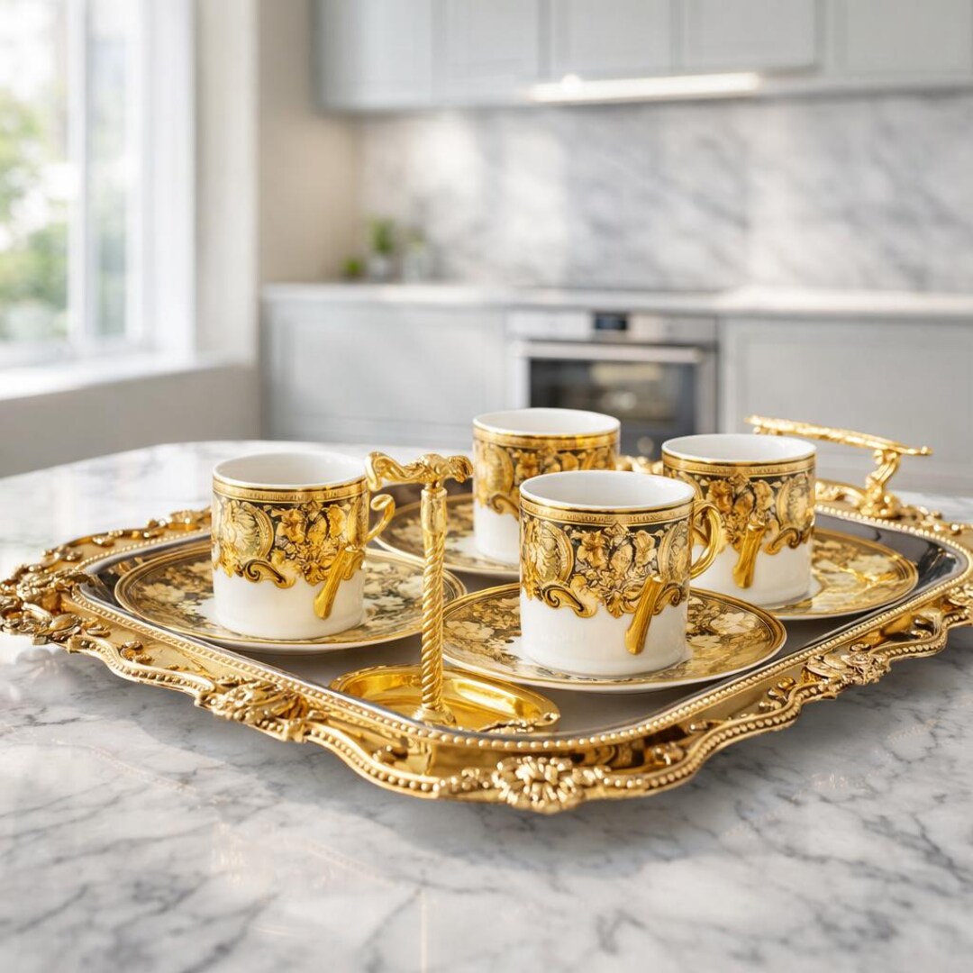 Gold Turkish Coffee Cup Set With Tray, Ottoman Porcelain Espresso Cups ...