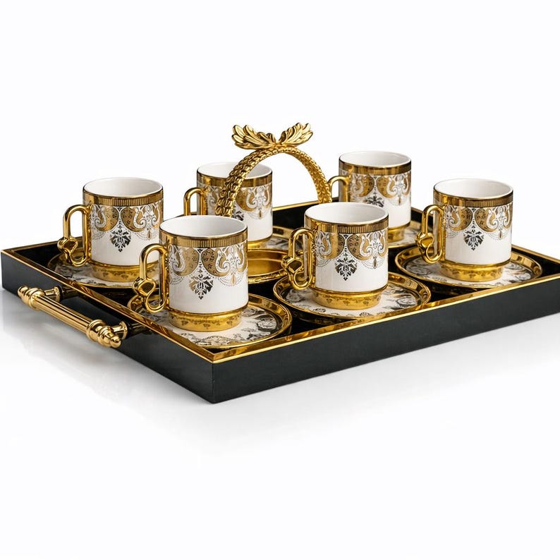 Gold Porcelain Turkish Coffee Set for 6, Ottoman Style Cups With Tray ...