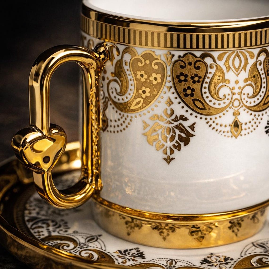 Gold Porcelain Turkish Coffee Set for 6, Ottoman Style Cups With Tray ...