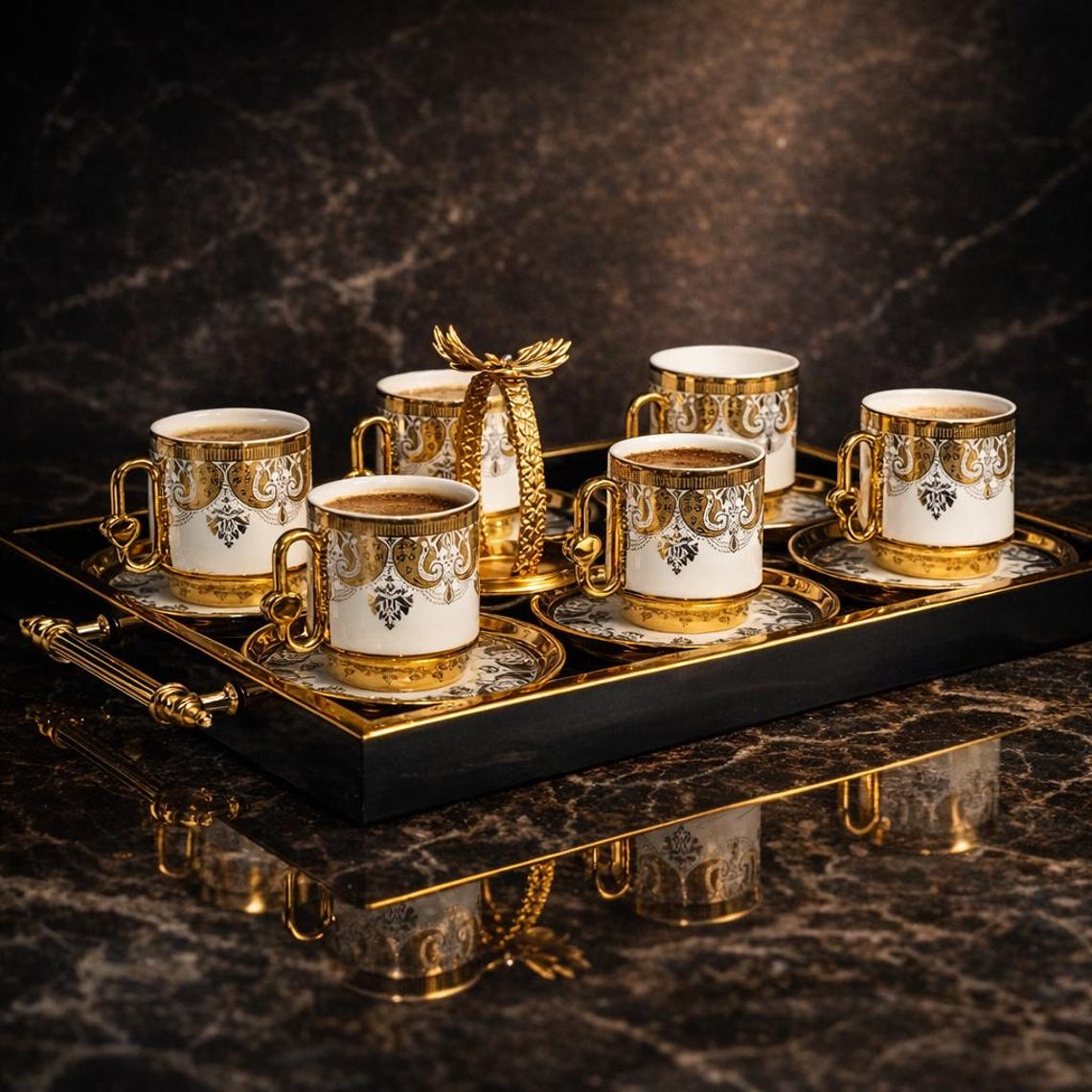 Gold Porcelain Turkish Coffee Set for 6, Ottoman Style Cups With Tray ...
