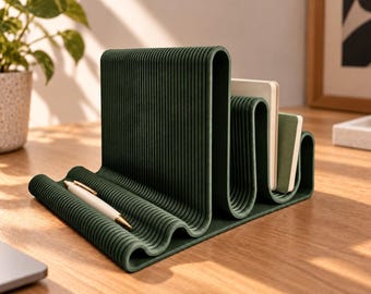 Wavy desk organizer for pens, notebooks, tablets, phones, and other office accessories