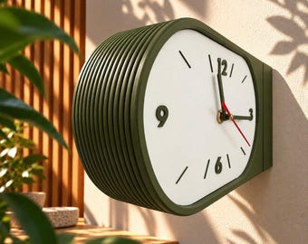 May include: A wall-mounted clock with a white face and a dark olive green ribbed casing. The clock features black numerals at 3, 6, 9, and 12 o'clock, with black hour and minute hands and a thin red second hand. The design has a rounded rectangular shape.