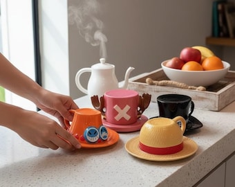Conjunto de caneca e pires de cerâmica inspirado em One Piece – Caneca de café com chapéu de anime, utensílios para bebidas de desenho animado