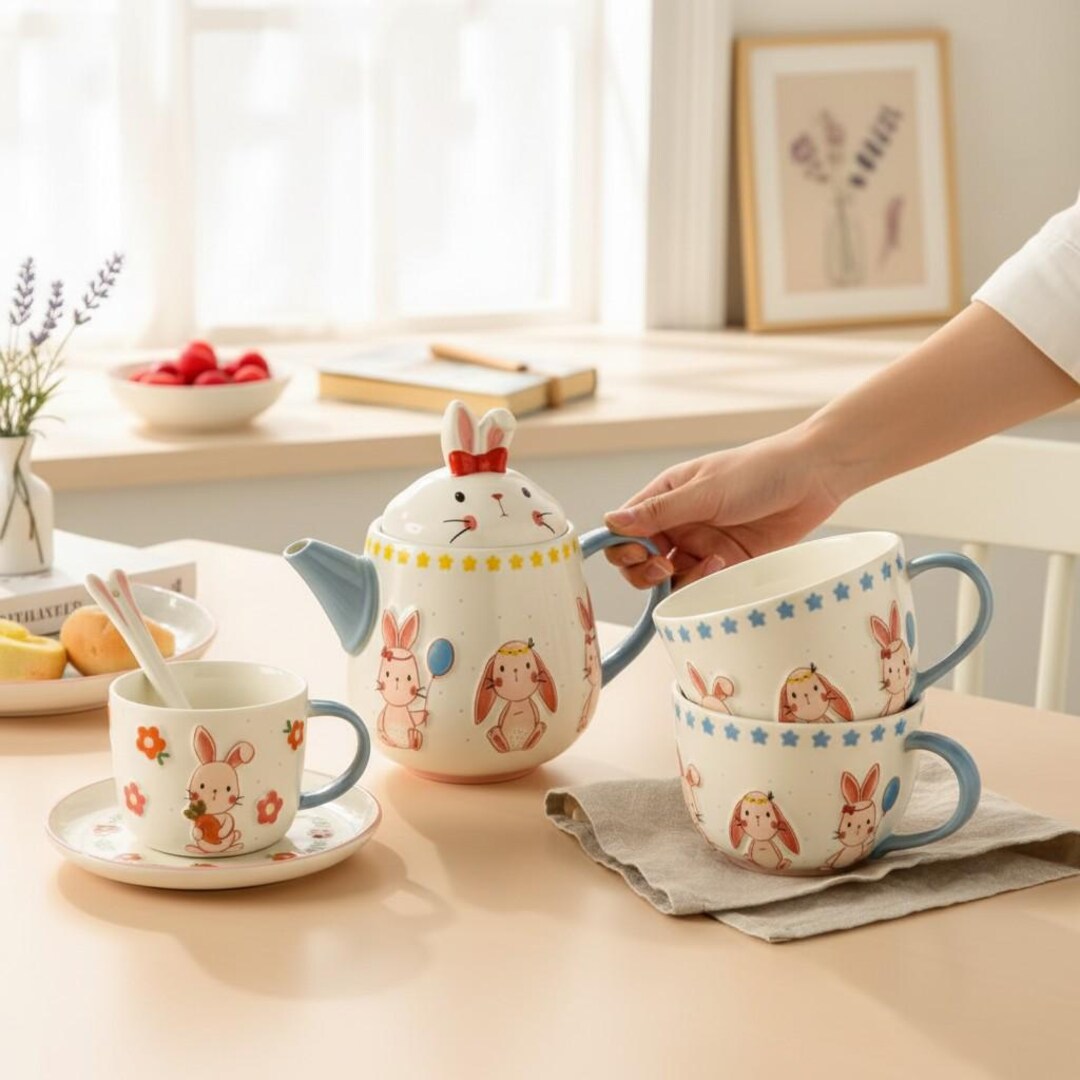 Mini Rabbit Tea Pot Cafe Ceramic Rabbit Tea Set – Bunny Teapot Cup Saucer Spoon Milk Mug Easter ...