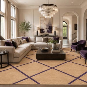 Hand-Tufted Wool Area Rug – Modern Beige & Purple Geometric Diamond Grid Pattern, Thick Plush Pile Contemporary Luxury Living Room Carpet.