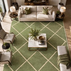 Hand-Tufted Wool Area Rug – Modern Moss & Cream Geometric Diamond Grid Pattern, Thick Plush Pile Contemporary Luxury Living Room Carpet.