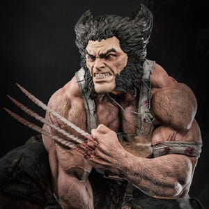 May include: A detailed statue of Wolverine, a Marvel Comics character, with a fierce expression. The figure has a muscular build, with claws extended. The statue is painted with realistic skin tones and details.