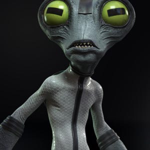 May include: A detailed 3D render of a grey alien character with large green eyes and a serious expression. The alien has a textured, hexagonal pattern on its body and wears a black suit with a zipper.