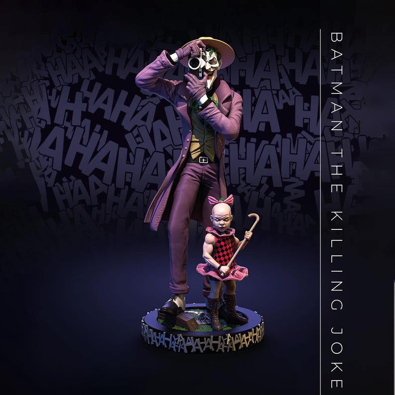 May include: A detailed statue of The Joker from Batman: The Killing Joke. The Joker is in a purple suit, holding a camera. A small figure in a pink dress and a cane stands beside him. The background features "HA HA HA" text.
