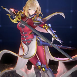 May include: A detailed figurine of a female warrior in a dynamic pose, holding a sword. The figure wears a red and white uniform with gold accents, silver armor, and a flowing white cape. The character has blonde hair and is set against a dark blue background.