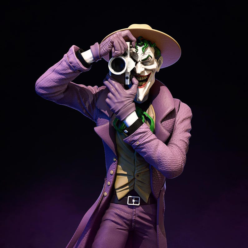 May include: A figurine of the Joker in a purple suit, holding a camera. The Joker is wearing a tan hat, purple gloves, and a green tie. The figure has a sinister grin and green hair. The background is dark.