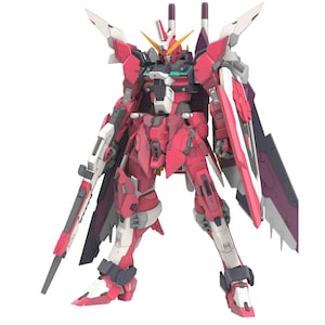 Puede incluir: Modelo detallado de robot con esquema de color rojo, blanco y negro. El robot tiene alas, un arma y múltiples articulaciones. El diseño presenta ángulos agudos y detalles intrincados, lo que sugiere una estética futurista.