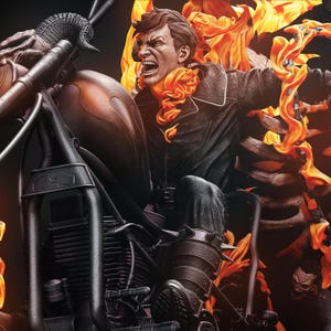 May include: A detailed statue of a character riding a motorcycle, surrounded by flames. The figure wears a black leather jacket and jeans, with a fiery skull-like head. The motorcycle is black with intricate details, and the overall theme is dark and intense.