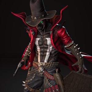 May include: A detailed figurine of a character in a black hat with skull accents, a red coat, and black pants. The character has a white emblem on the chest, a gun, and a belt with skull details. The figure has a menacing appearance.