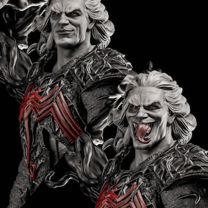 May include: A grayscale sculpture of a character with pale skin, red eyes, and white wavy hair. The character wears a dark outfit with a red spider-like emblem on the chest. One image shows the character with its tongue out.