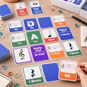 Peut inclure: Un jeu de théorie musicale avec des cartes colorées représentant des notes de musique, des silences et des clés. Les cartes affichent des valeurs de notes telles que la noire (2 temps) et la ronde (4 temps), ainsi que des noms de lettres et la clé de sol. Une main tient une carte avec la note "Mi".