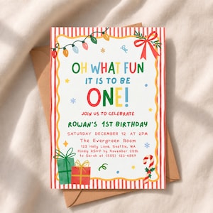 Oh What Fun It Is to Be One Invitation, Christmas 1st Birthday Party, Holiday Invite, Editable Canva Template, Printable