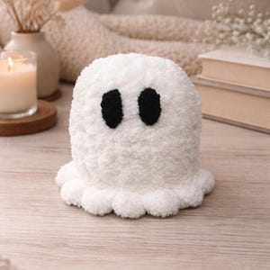 Chunky Finger-Knit Ghost Plushie | Soft Chenille Halloween Decor (6" Height)