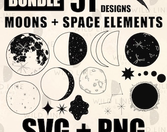 51 Celestial SVG Bundle, Moons and Space Elements for Cricut and Laser Cutting