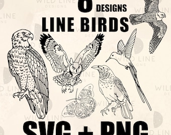 8 Flying Animals SVG Bundle Line Art, Birds Eagle Falcon Hummingbird Butterfly Cricut Files