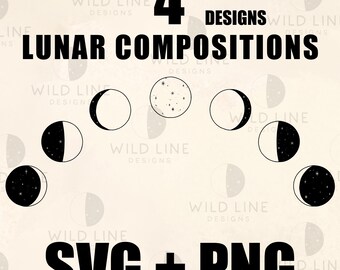 4 Moon Phases Compositions With Stars SVG, Witchy Lunar Clipart, Celestial Moon PNG Bundle