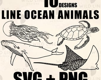 10 Line Art Ocean Animals SVG Bundle Octopus Whale Manta (Digital Download)